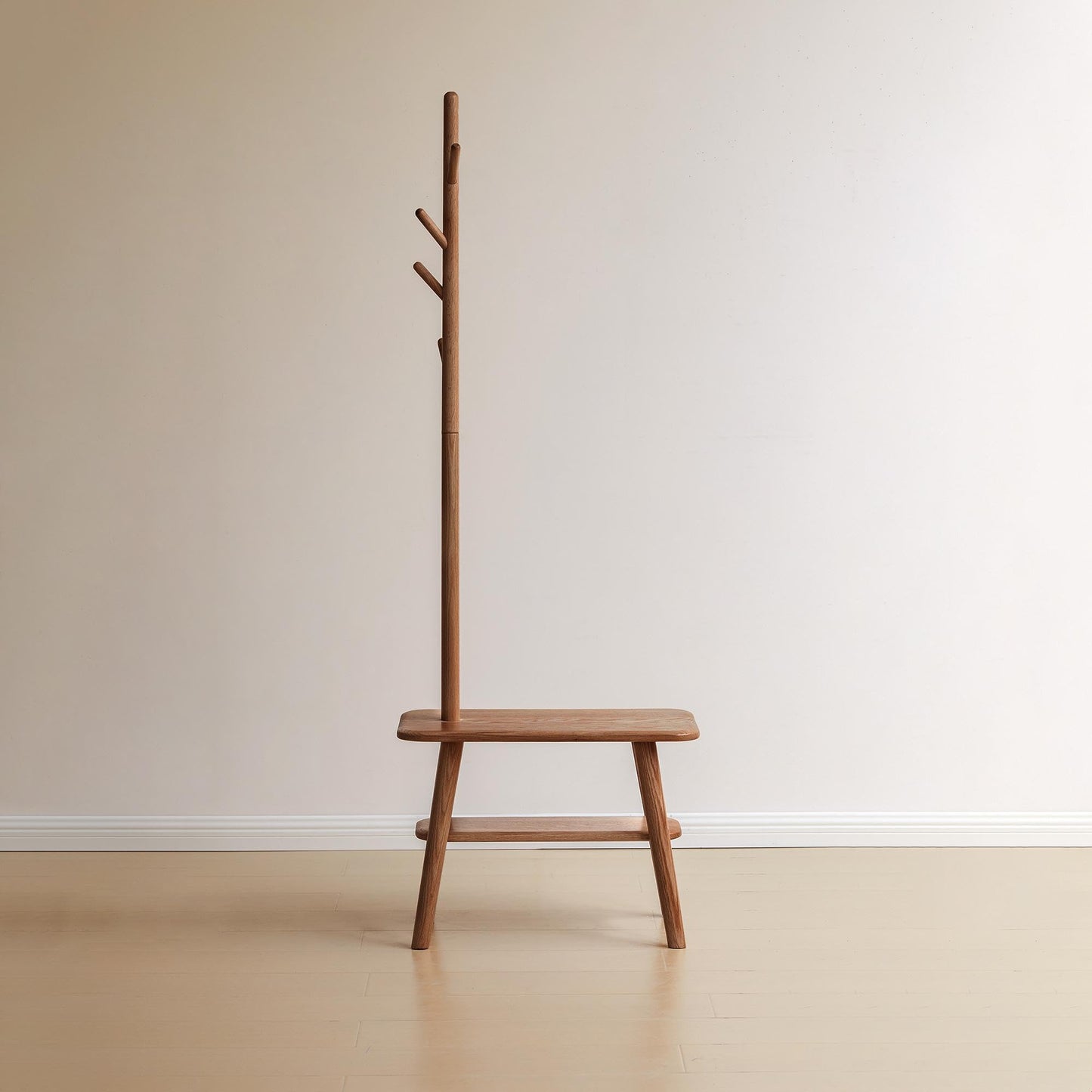 GDFStudio Solid Wood Entryway Shoe Bench with Coat Rack, Mid Century Modern Hall Tree with Cushion Seat, Shoe Storage Shelf and Cloth Hanger for Hallway, Natural