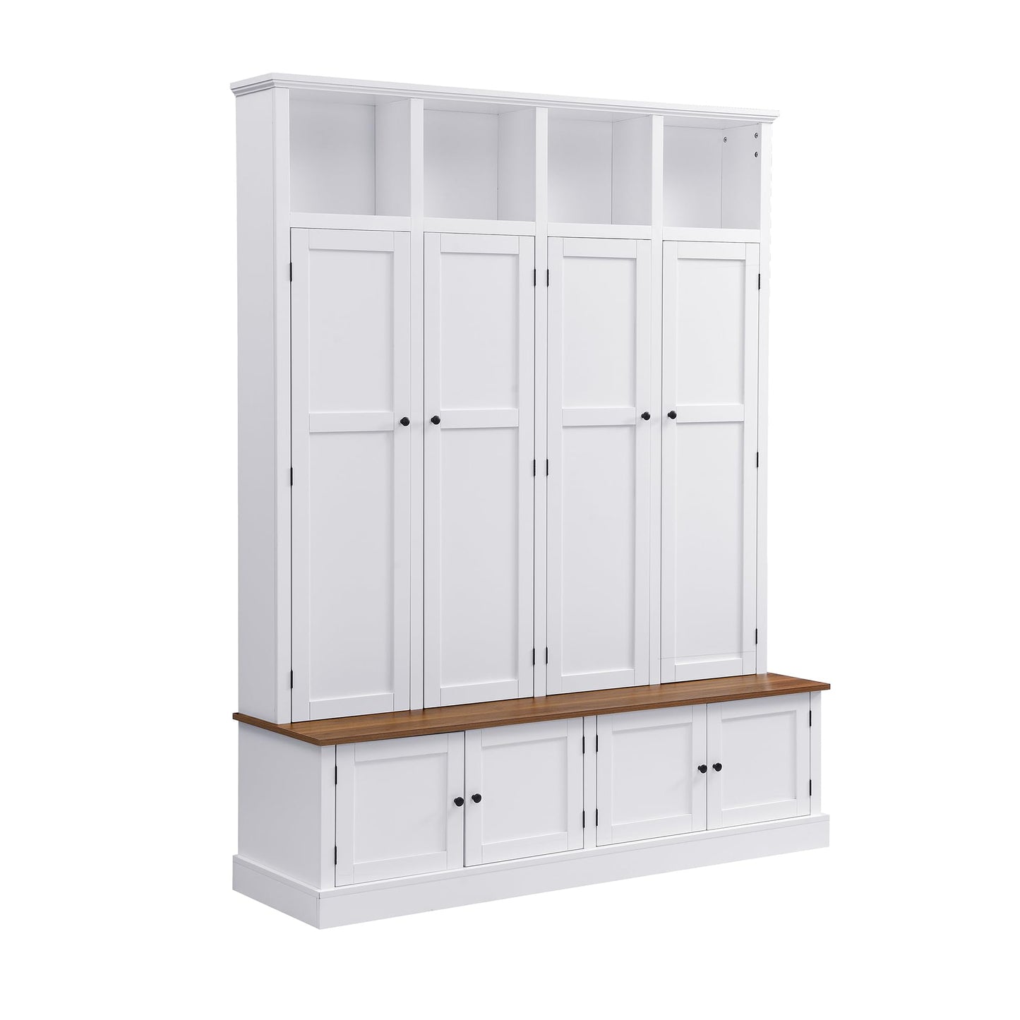 Merax Farmhouse Hall Tree with Bench and Cabinet, 4-in-1 Entryway Storage Organizer with Rack, Shoe Storage and Hooks for Mudroom, Living Room, Bedroom, White