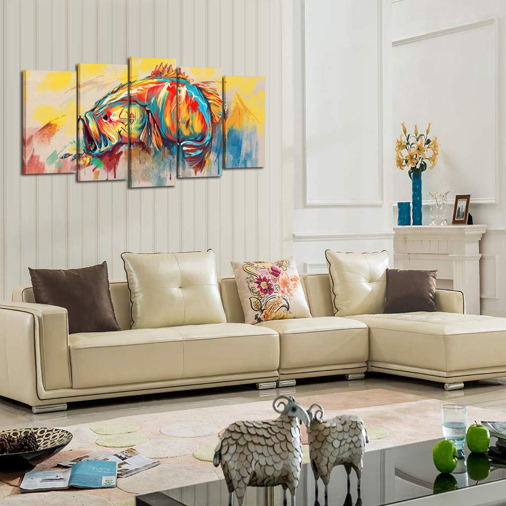 KREATIVE ARTS 5 Piece Canvas Wall Art for Living Room Large Mouth Bass Fish Paintings Giclee Artwork Modern Home Decor Wooden Framed Poster and Prints Ready to Hang (Large Size 60x32inch)