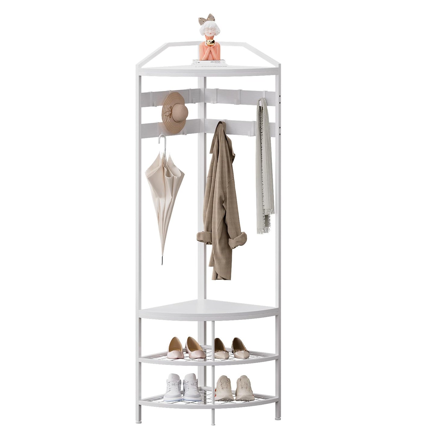 GiftGo Corner Hall Tree with Shoe Bench Entryway Coat Rack with 10 Metal Movable Hooks Freestanding Clothes Rack Shoes Shelf Organizer for Home Office Bedroom (White)