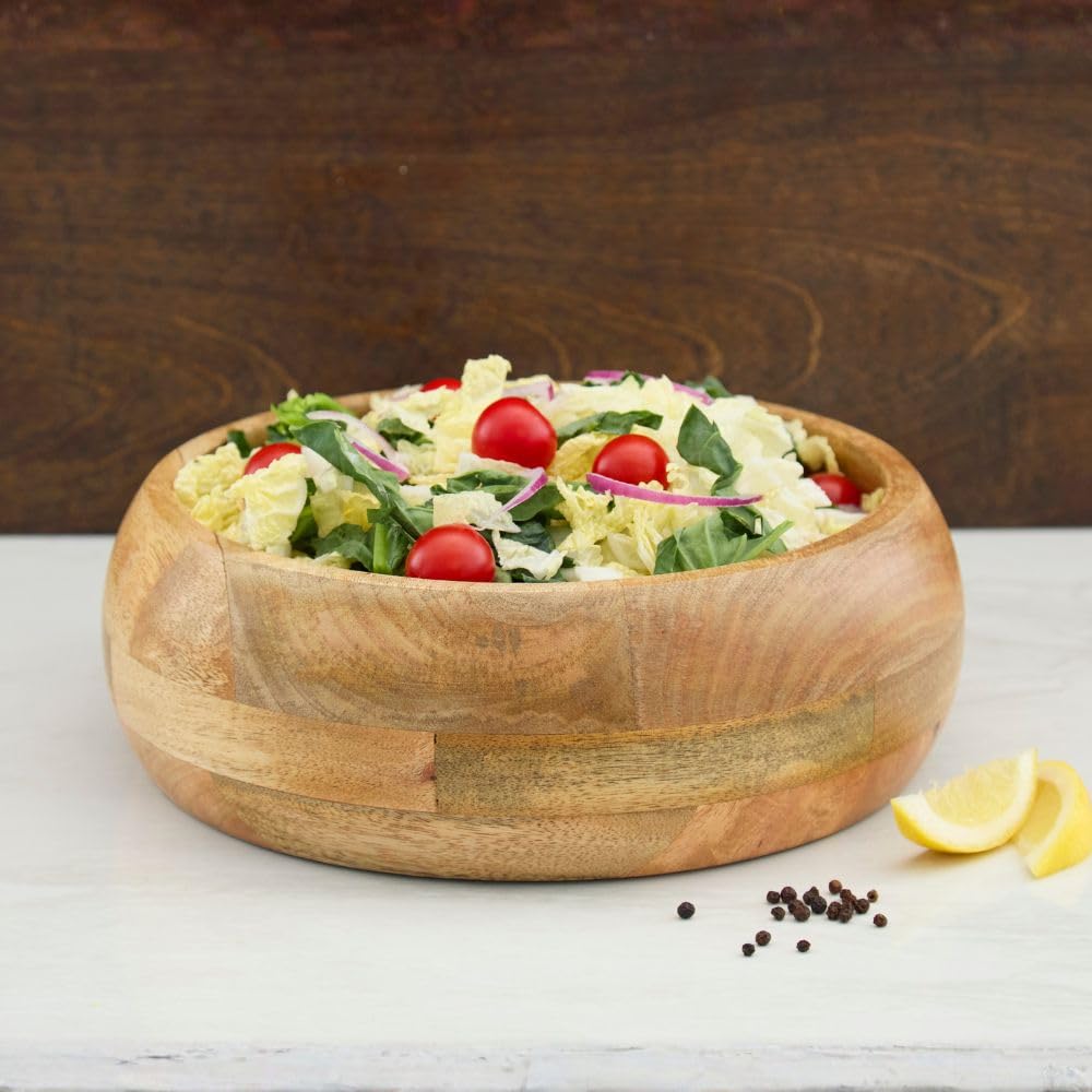 Round Wood Salad Bowl Set, Mango Wood, Small 11 Inch and Large 13 Inch, Natural Finish, Serving Bowls for Fruits and Salads (Set of 2)