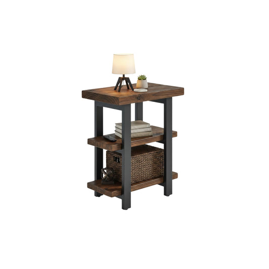 Alaterre Furniture Pomona Living Room 3-Tier Solid Wood End Table with Metal Legs & Storage Shelves – Modern Rustic Industrial Space-Saving Side Table or Nightstand (Rustic Brown)