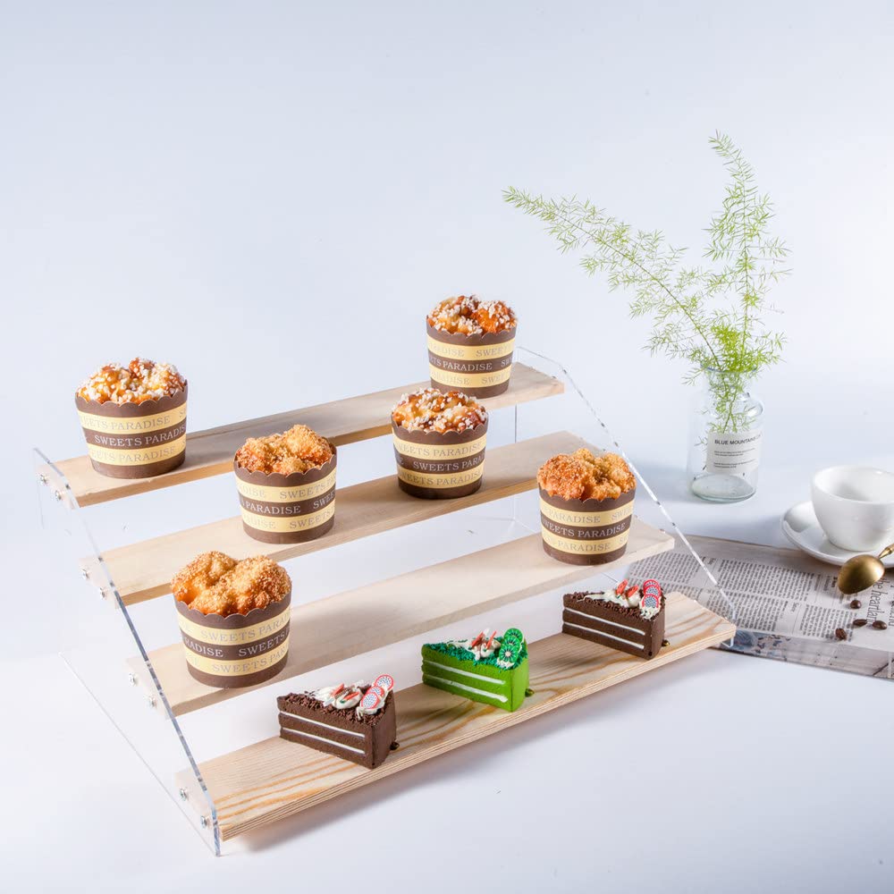 PACKGILO 2 Pack Large 4 Tier Acrylic Display Stand 16*10.6*6.3 inches for Figures Wooden Risers Display Case for Craft Fair Acrylic Cupcake Stand for Dessert Table Cologne Organizer for Men