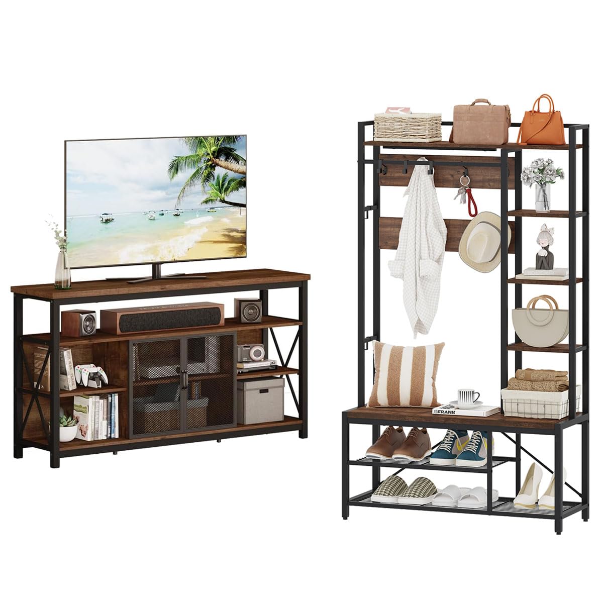 BON AUGURE Tall TV Stand for TVs up to 65 Inch, Hall Tree with Shoe Storage, 5-in-1 Reversible Entryway Bench, Media Console for Living Room and Bedroom