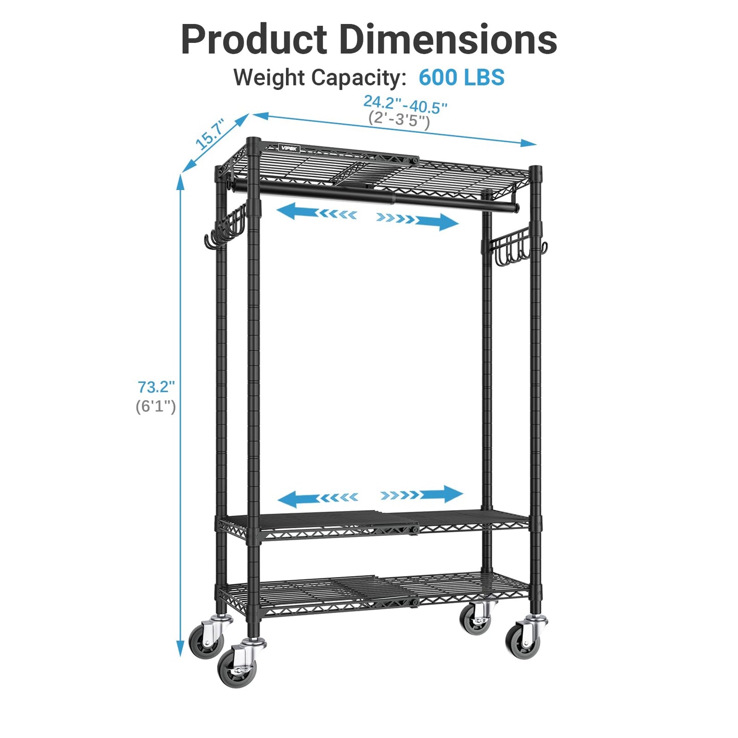 VIPEK R3X Expandable Clothes Rack with Lockable Wheels, 600 lbs Capacity Heavy Duty Rolling Garment Rack with Adjustable Width (2' to 3'5") Shelves, Space-Saving Storage Closet for Small Space (Black)