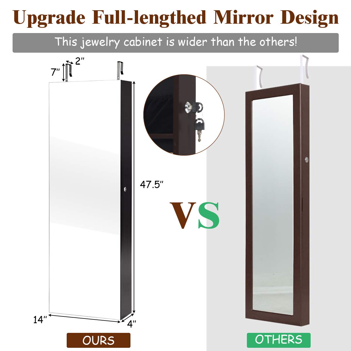 OFFICEJOY Wall/Door Mounted Jewelry Armoire w/Full-Length Mirror & LED Lights, Lockable Jewelry Armoire Mirror Organizer, Jewel Storage Hanging Cabinet w/Scarf Rod, 36 Hooks, 1 Makeup Pouch (Coffee)