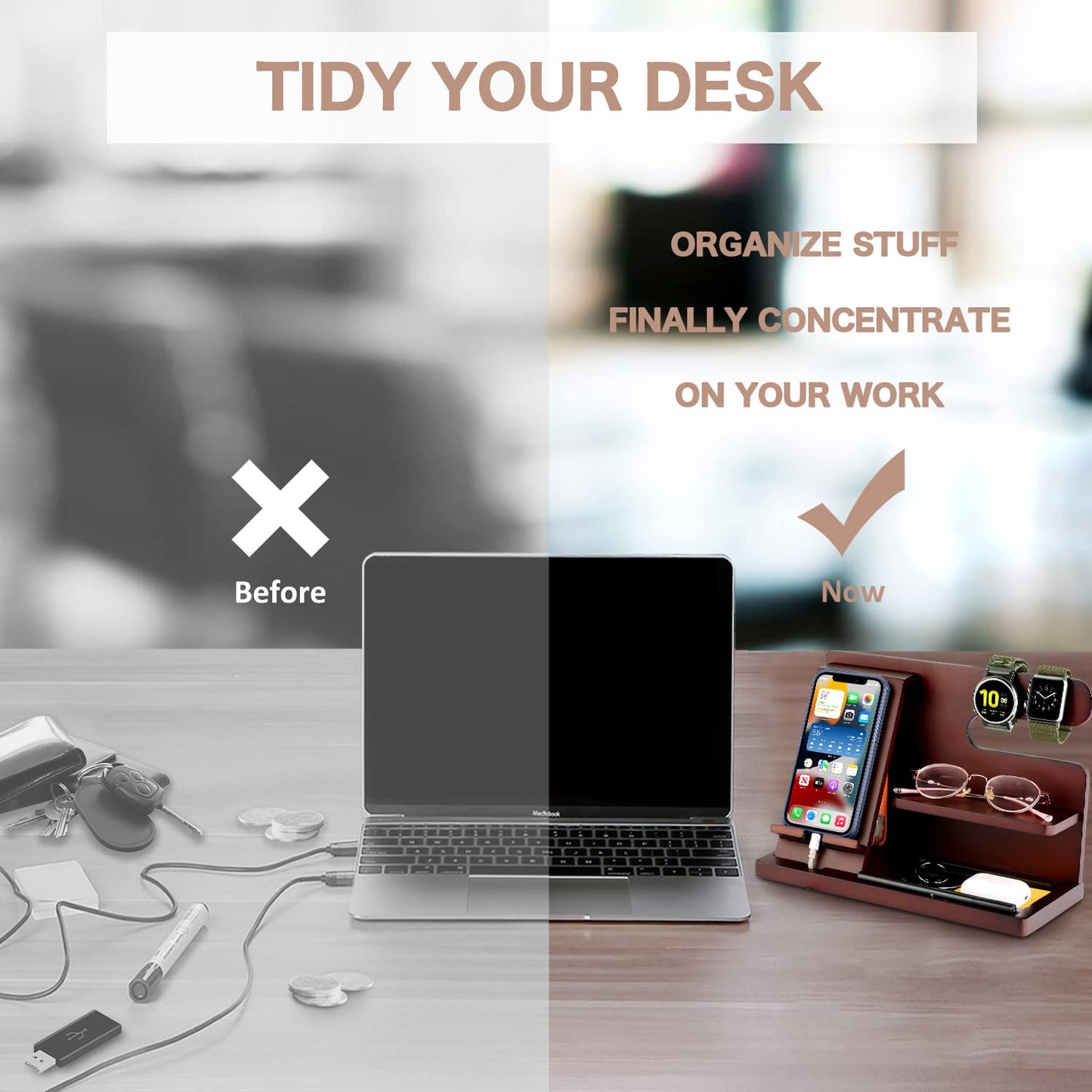 OUTXE Wood Phone Docking Station, Men Gifts Nightstand Organizer for Phone, Keys, Wallet, Glasses, Gifts for Dad's Birthday, Christmas, Father's Day, Anniversary