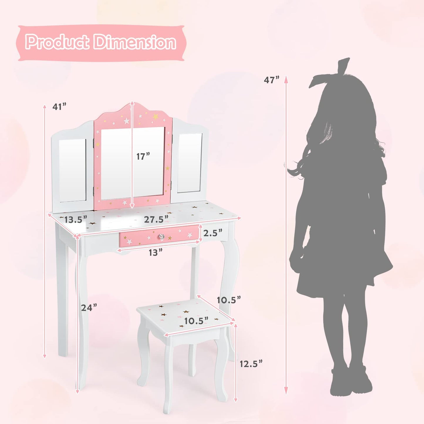 HONEY JOY Kids Vanity, Wooden Princess Makeup Dressing Table with Stool & Drawer, Tri-Folding Mirror, Detachable Top, Toddler Pretend Play Vanity Set for Little Girls (White)