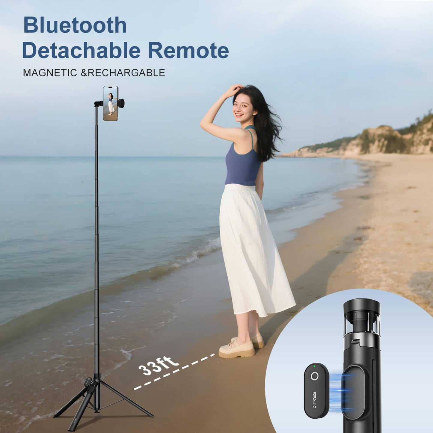 SEAJIC 66" Automatic Phone Tripod Stand with Remote, Cell Phone Tripod for iPhone Video Recording & Live Streaming, Adjustable Selfie Stick Tripod for Content Creators, Vloggers (Black)