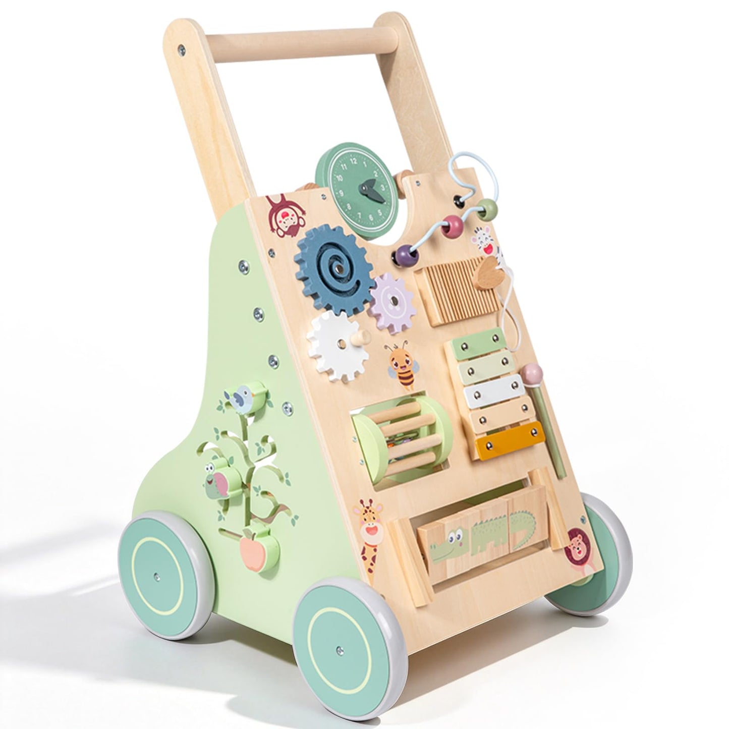 Brownroot Wooden Baby Walker with 10-in-1 Activity Center Adjustable Height Montessori Toddler Push Toy with Xylophone, Shape Sorter Gears for 1 2 3 Year Old Boys Girls