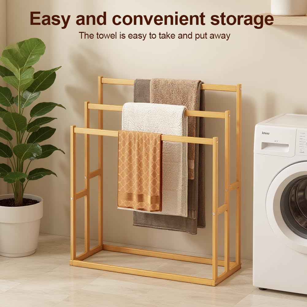 3-Tier Freestanding Towel Rack, Wooden Blanket Ladder with 3 Crossbars & Bottom Shelf, Rustic Brown Storage Stand for Bathroom Living Room Bedroom
