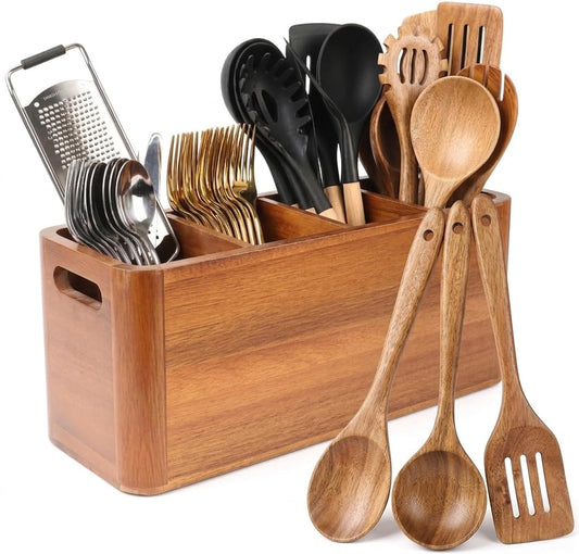 powerful xishan Kitchen Utensil Holder for Countertop with 3-Piece Wooden Utensil Set, Extra Large Acacia Wood Utensil Organizer, 4-Compartment Storage for Cooking Utensils, Silverware and Cutlery