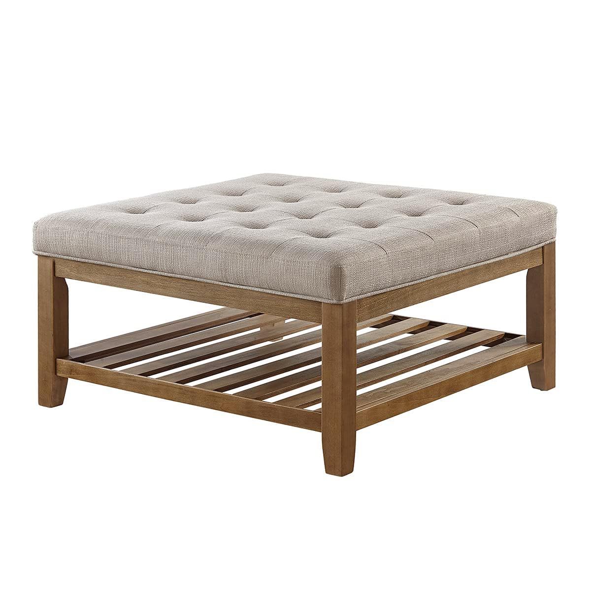 24KF Large Square Upholstered Tufted Linen Ottoman Coffee Table, Large Footrest Ottoman with Solid Wood Shelf-Linen