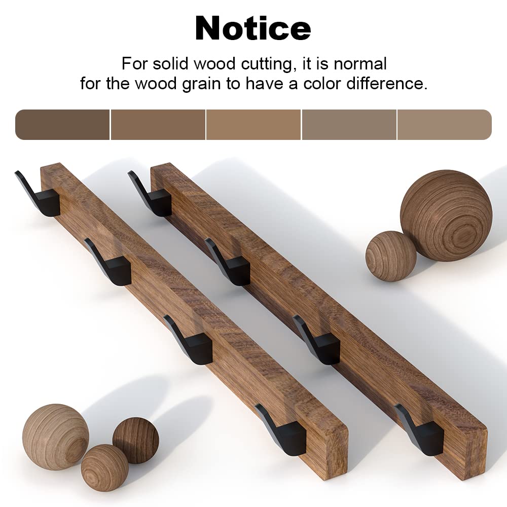 IURRDOP 17 Inch Walnut Wood Wall Mounted Coat Rack with 4 Black Hooks, Adhesive Mounted Entryway Hooks, Modern Natural Wooden Pegs for Hanging Coat Clothes Hat Bag Purse Key and Towel