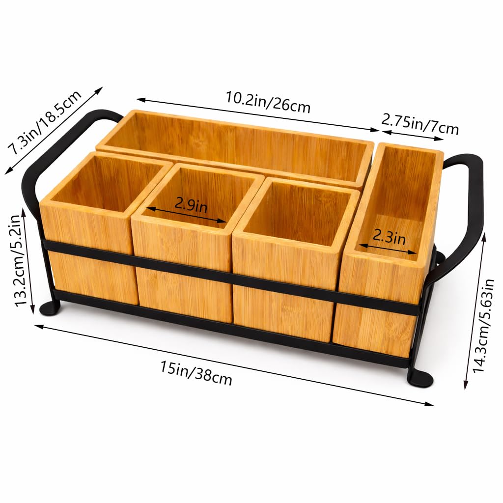 GOXTBBW Bamboo Utensil Caddy with Handle - 5 Compartment Silverware Holder for Party & Kitchen Countertop - Removable Wooden Flatware Organizer for Picnic, BBQ, Buffet, RV & Outdoor Dining