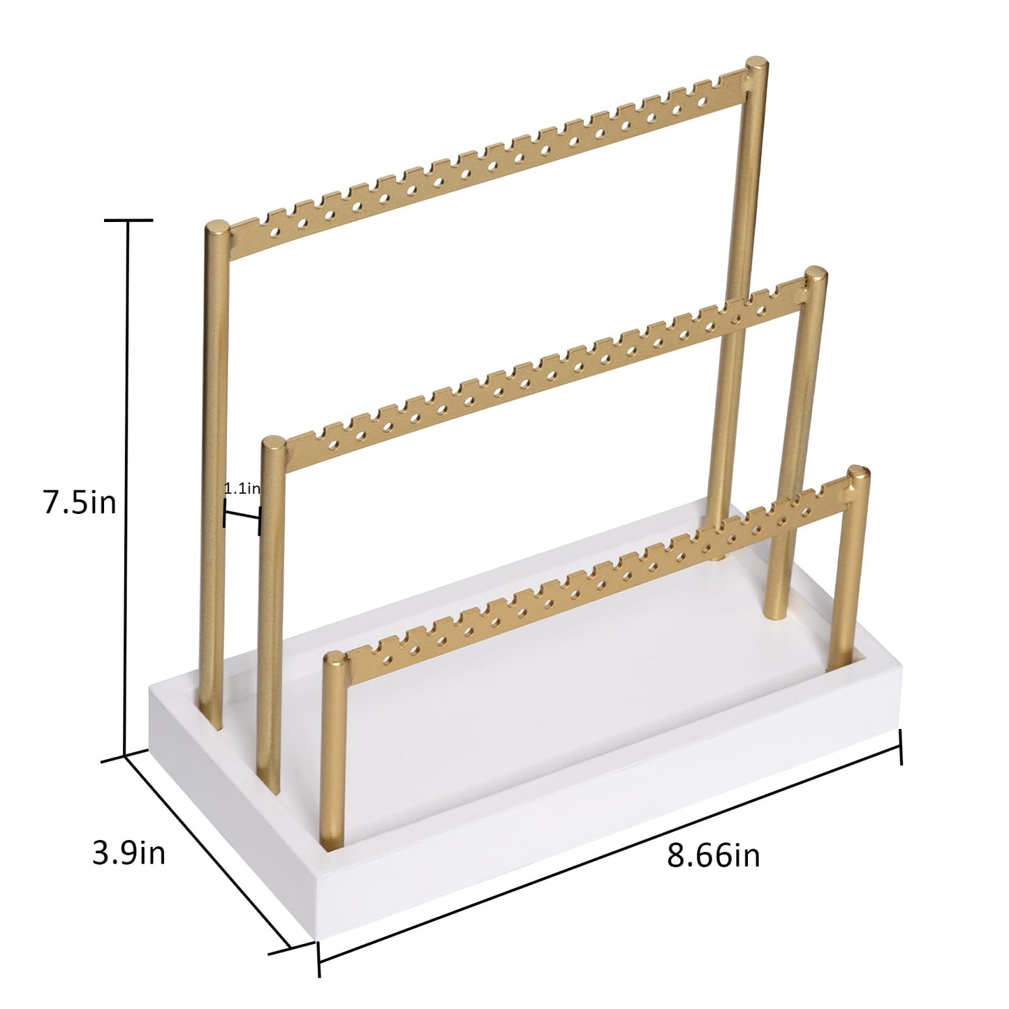 SANY DAYO HOME 3-Tier Earring Holder Organizer Stand, 105 Holes Gold Metal Earring Rack Jewelry Display Tree with White Wood Tray for Women and Girls