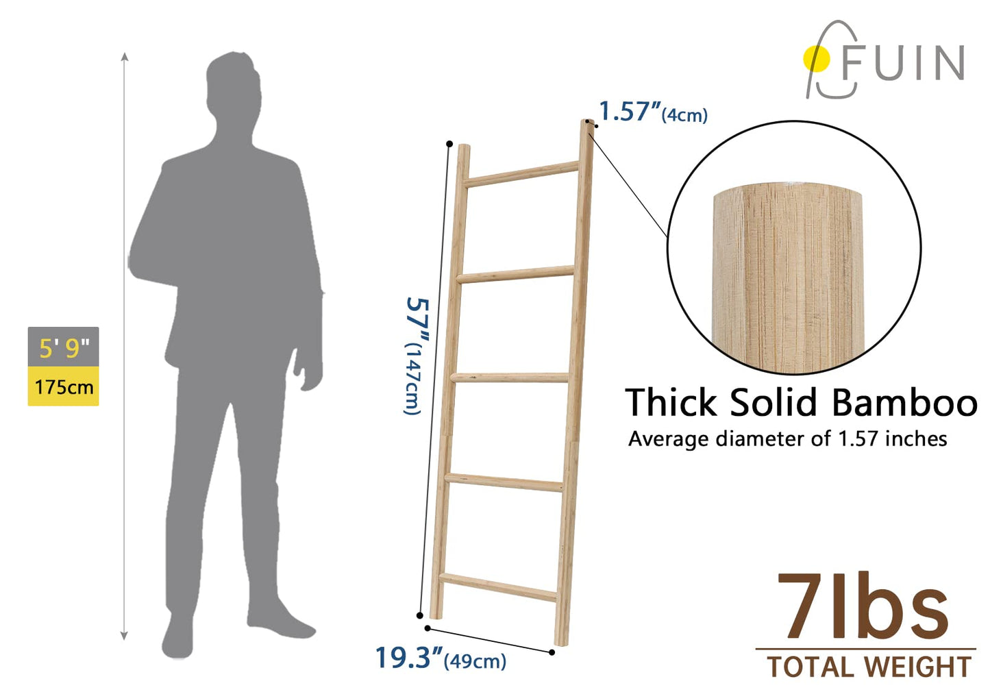 FUIN Fully Assembled 57in Bamboo Blanket Ladders Living Room Wood Decorative Wall Leaning Farmhouse Quilt Display Holder Rustic Wooden Towel Rack for Bathroom, Unfinished