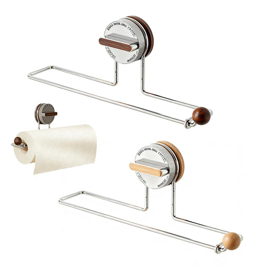 Removable Suction Cup Paper Towel Holder, Suction Towel Holder, Wooden Paper and Stainless Steel Paper Towel Holder for Under Cabinet, Bathroom (2-Pack: 1 Natural Wood Color, 1 Walnut Color)