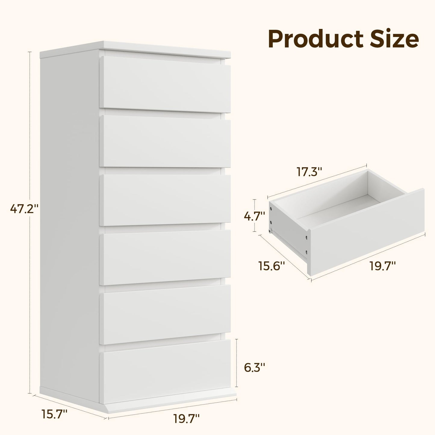 White Dresser, 6 Drawer Dresser for Bedroom, Wooden Chest of Drawers with Handleless Drawers, 19.7" W x 15.7" D x 47.2" H Vertical Tall Dresser, Storage Dressers for Living Room, Hallway and Office