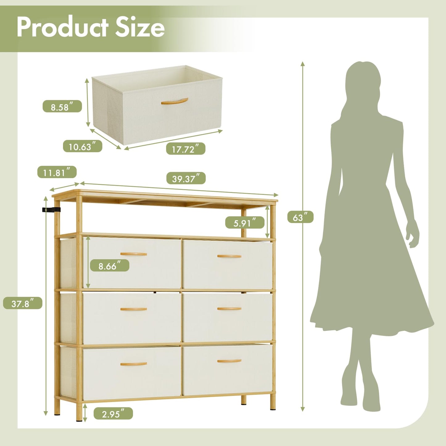 EZ2LIVE Solid Wood Dresser, Dresser with 6 Drawers, Solid Bamboo Frame Paired with Fabric Storage Boxes, Large Capacity, Stable and Durable, Versatile Style, for Bedrooms, Living Rooms, and Hallways