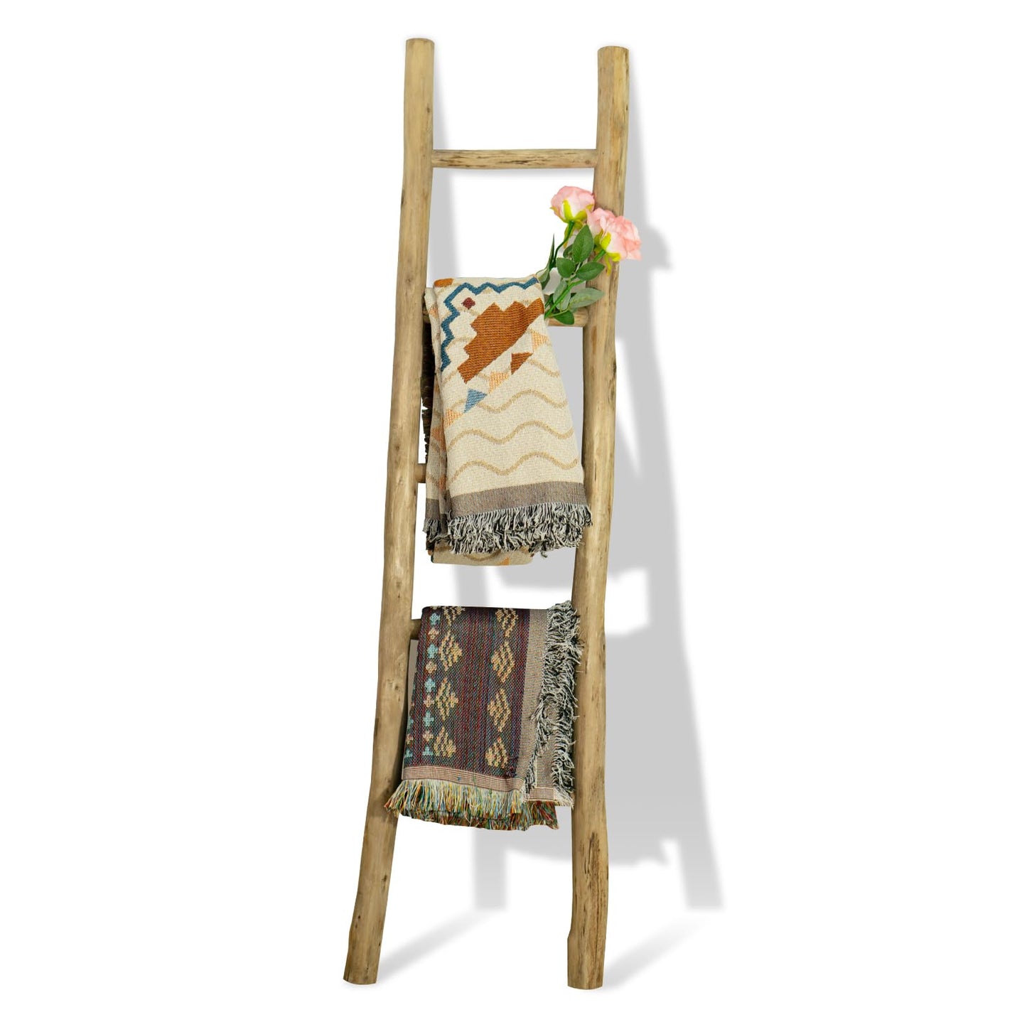 BOMINGHOME Fully Assembled Wood Ladder for Blankets, 5-Layer Structure Towel Rack, Farmhouse Style, Durable and Convenient Throw Blanket Ladder, Living Room Decoration