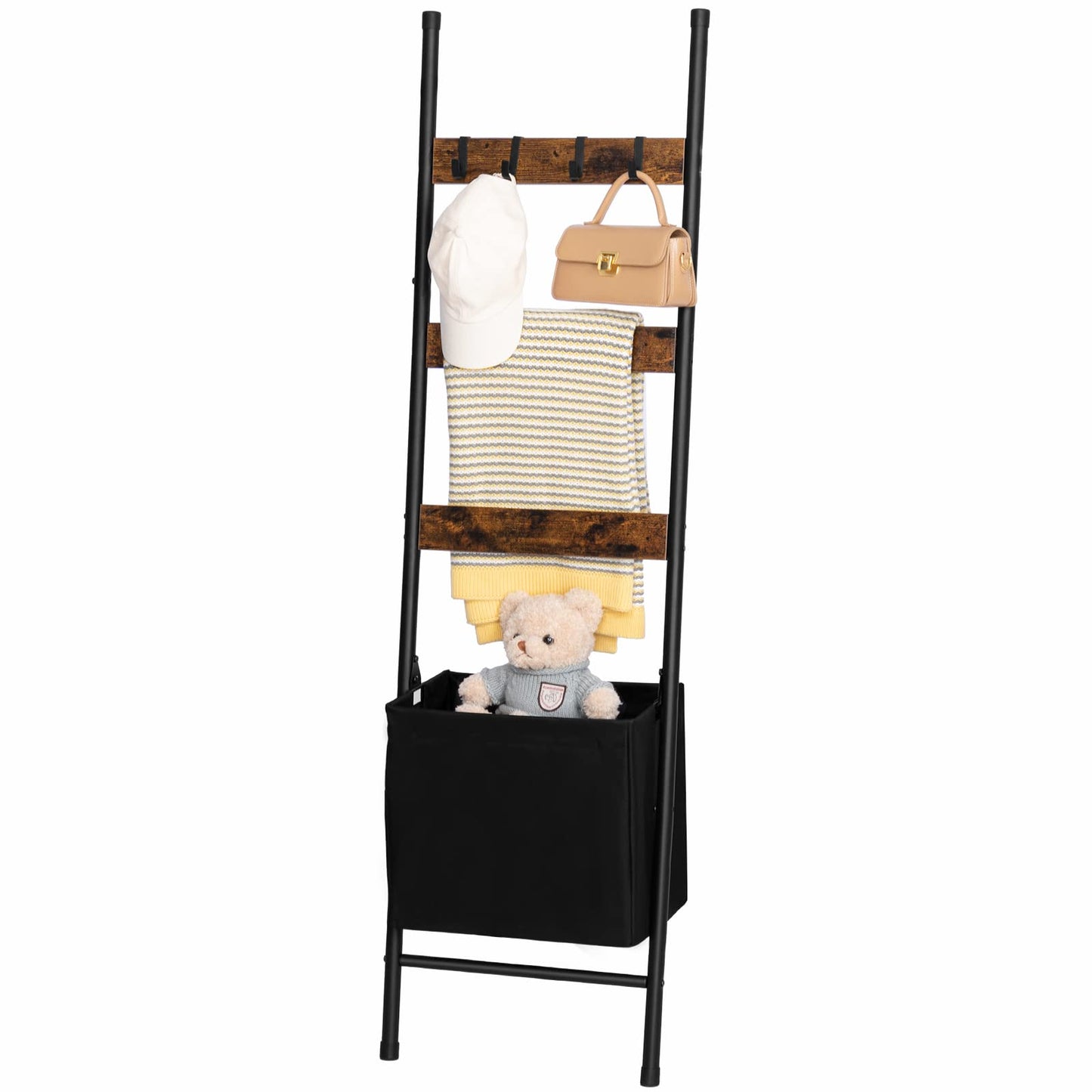 HOOBRO Blanket Ladder with Basket and 6-Tier Towel Rack with Hooks Bundle, Blanket Holder Rack, Decorative Shelf, Drying and Display Rack for Bathroom, Living Room, Rustic Brown BF31CJ01-BF66CJ01