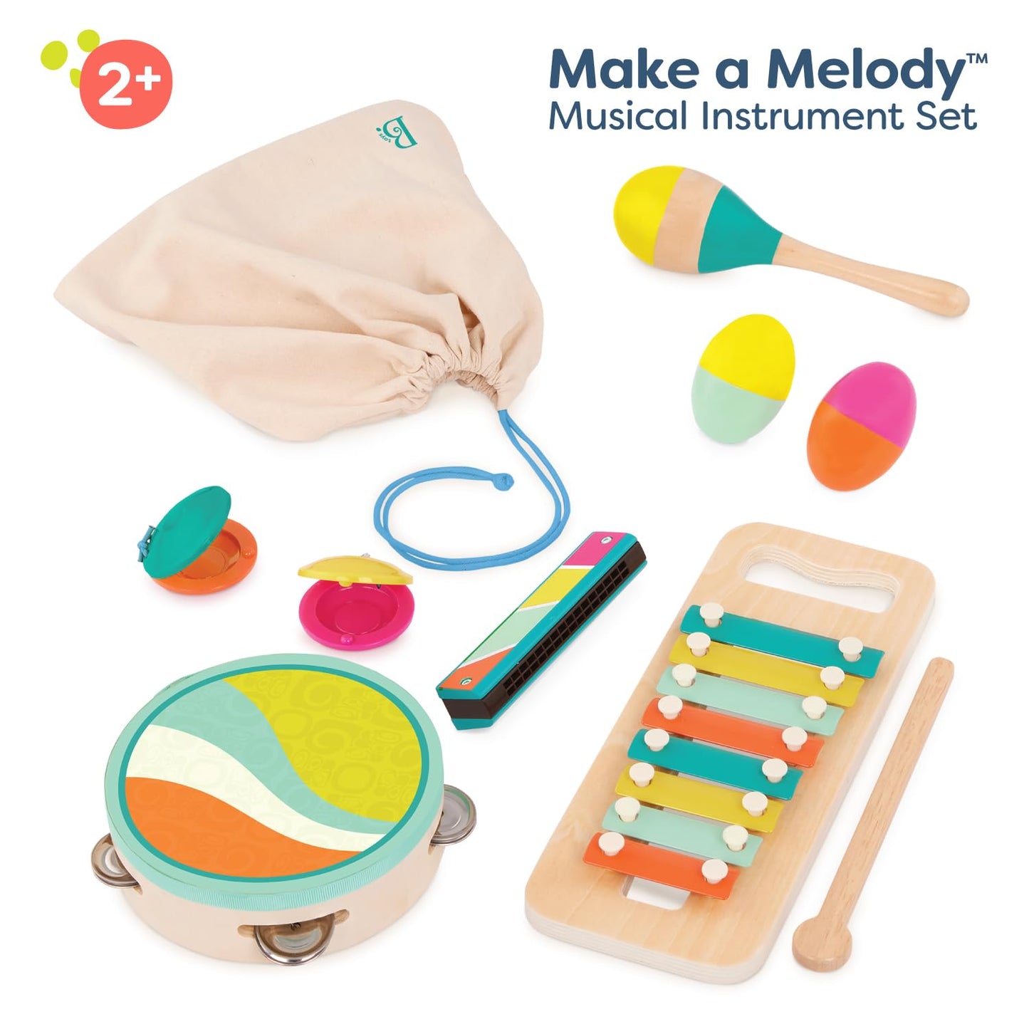 B. toys – Make a Melody – 9 Pieces Wooden Musical Instruments – Xylophone, Tambourine, Harmonica – Drawstring Storage Bag – 2+ Years