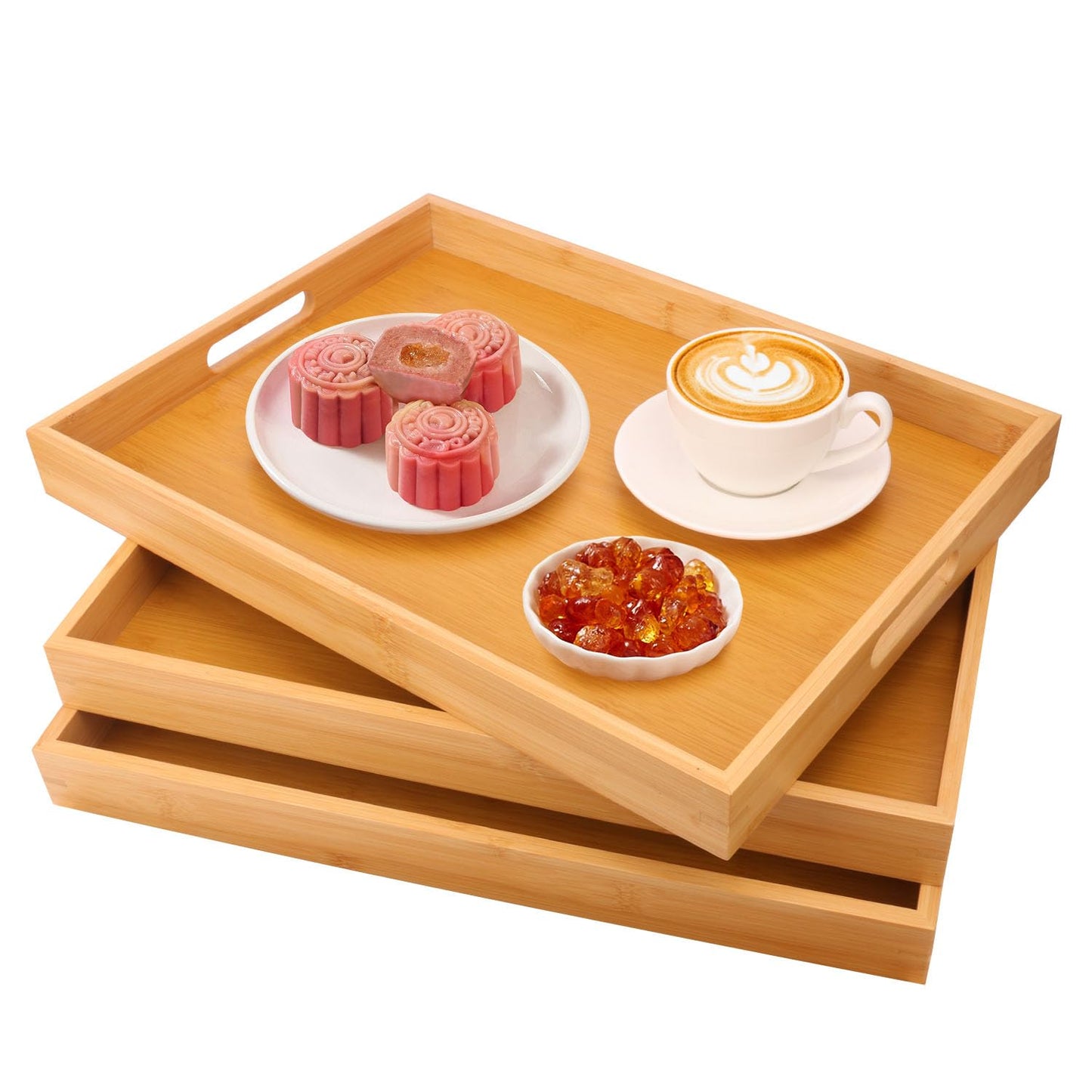 Geytetqi 3 Pack Large Bamboo Serving Tray with Handles - 16 x 11.6 Inch Wooden Dinner Tray, Home Kitchen Decorative Tray, Breakfast Trays for Eating on Couch, Lap Trays, Coffee, Kitchen, Picnic