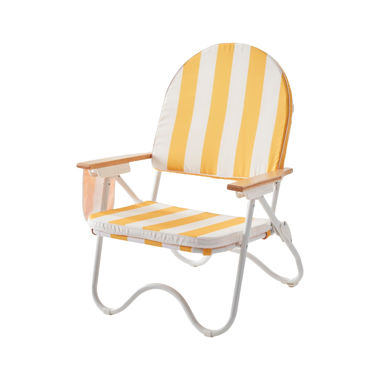 DEER LAND Padded Low Beach Chair, 4-Position Folding Outdoor Chair with Wooden Armrests, Cushioned Seat, Storage Pouch & Carry Strap for Beach, Patio and Lawn, Cala Serena Ochre Stripe