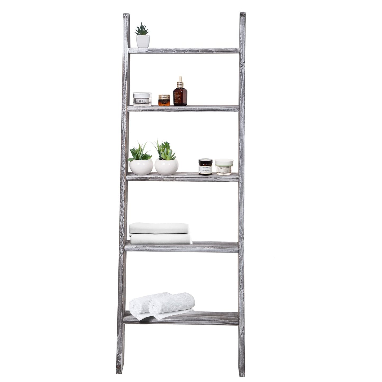 Rustic 5-Tier Wall-Leaning Wood Loadder Towel Racks for Bathroom Livingroom Kithen Office Woden Farmhouse Ladder-Style Blanket Rack Multipurpose Organizer Rack for Home (Grey)