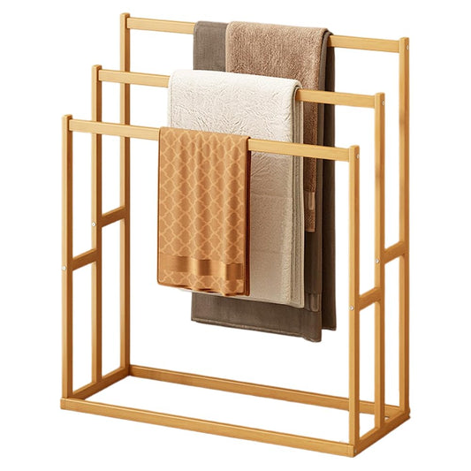 3-Tier Freestanding Towel Rack, Wooden Blanket Ladder with 3 Crossbars & Bottom Shelf, Rustic Brown Storage Stand for Bathroom Living Room Bedroom