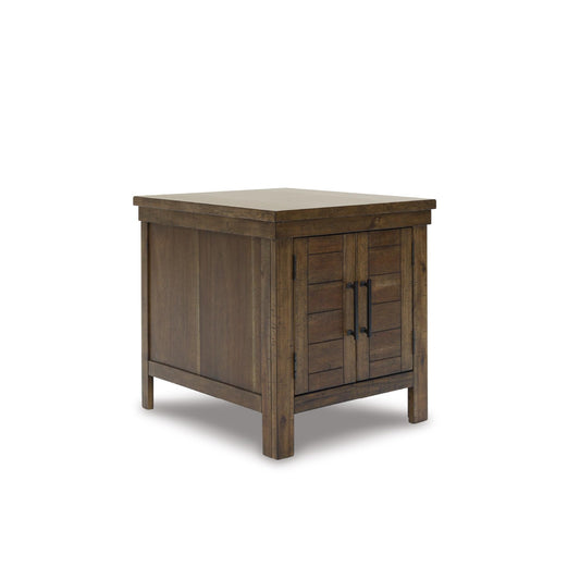 Signature Design by Ashley Moriville Rustic Farmhouse Rectangular End Table with Dual Cabinet Doors, Antique Bronze-Tone Hardware, Wood, 25" High, Brown