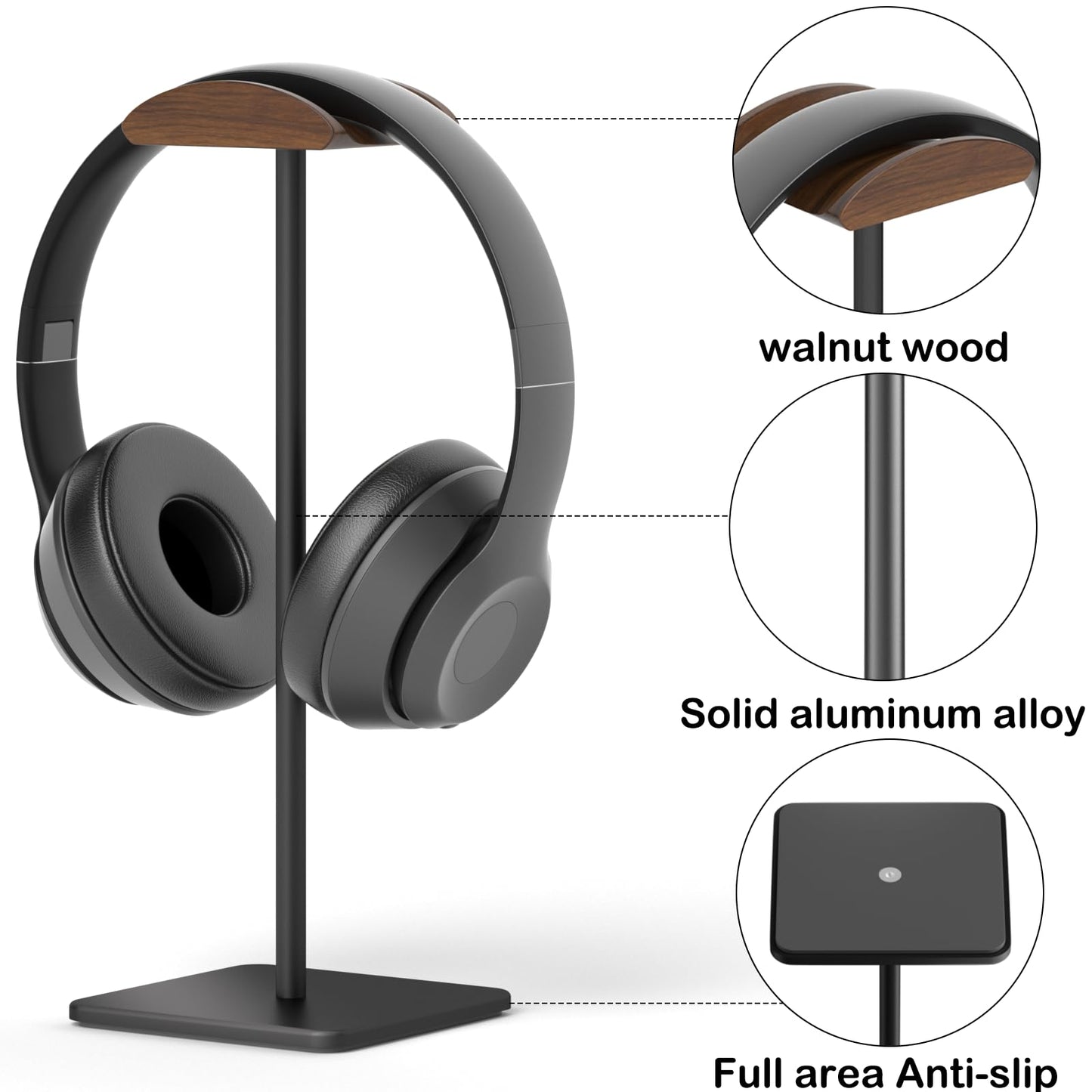 Ahonnpely Headphone Stand for Desk - Headset Stand with Aluminum Hanger and Wooden Support, Headphone Holder for AirPods Max, Sony, Bose, Beats and More (Black)