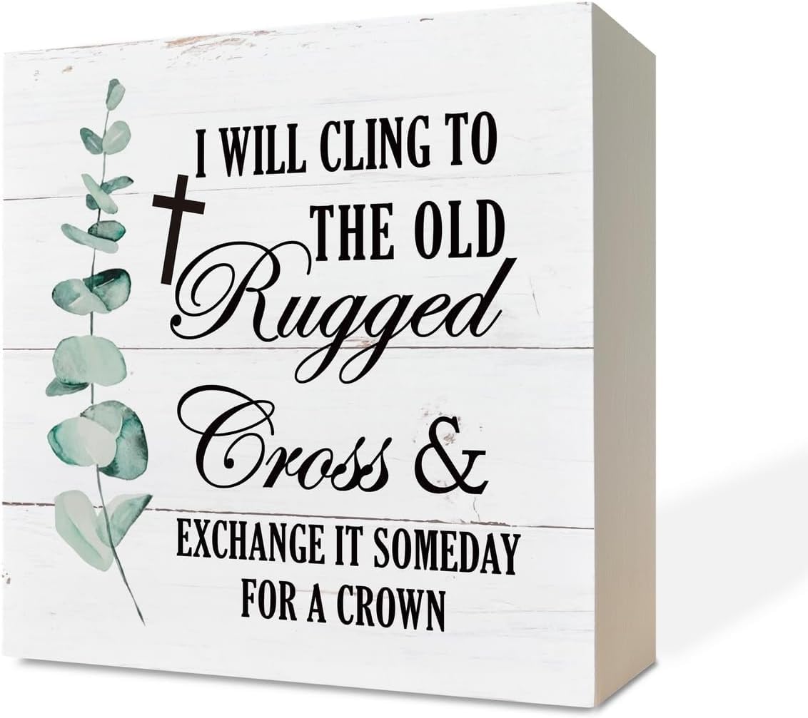 Cosrkee Christian Sign, Wooden Box Sign Desk Decor Positive Scripture Sign Shelf Sitter Sign Inspirational Wooden Table Art Decor Farmhouse Style Decor For Home Office Religious Gift 7x7 Inch