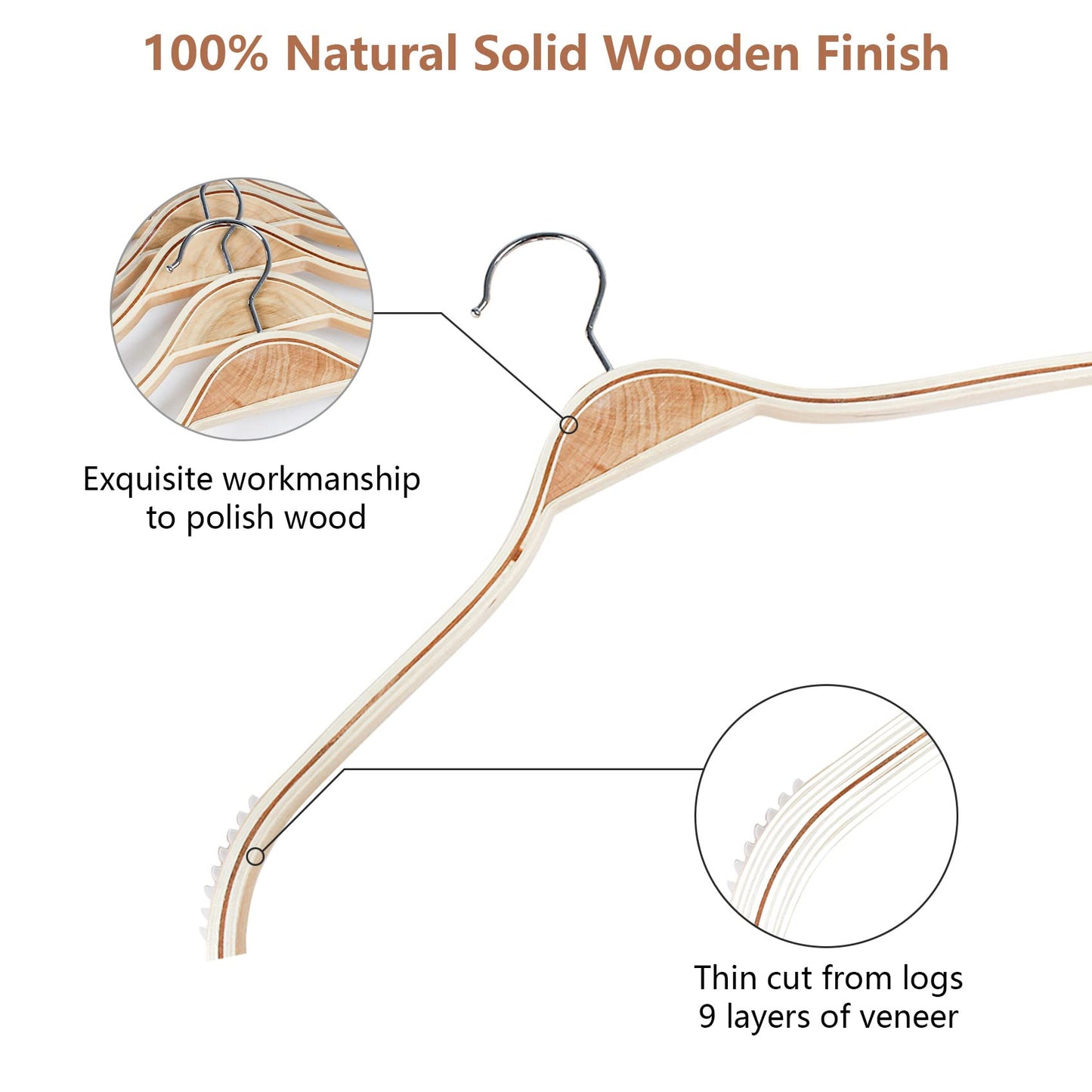 DEDU Wooden Hangers 24 Pack Lightweight, Coat Hangers for Closet Space Saving, Slim Wood with Soft Rubber Non Slip Strip for Wamisole, Wedding Dress, Sweater (Natural Finish)