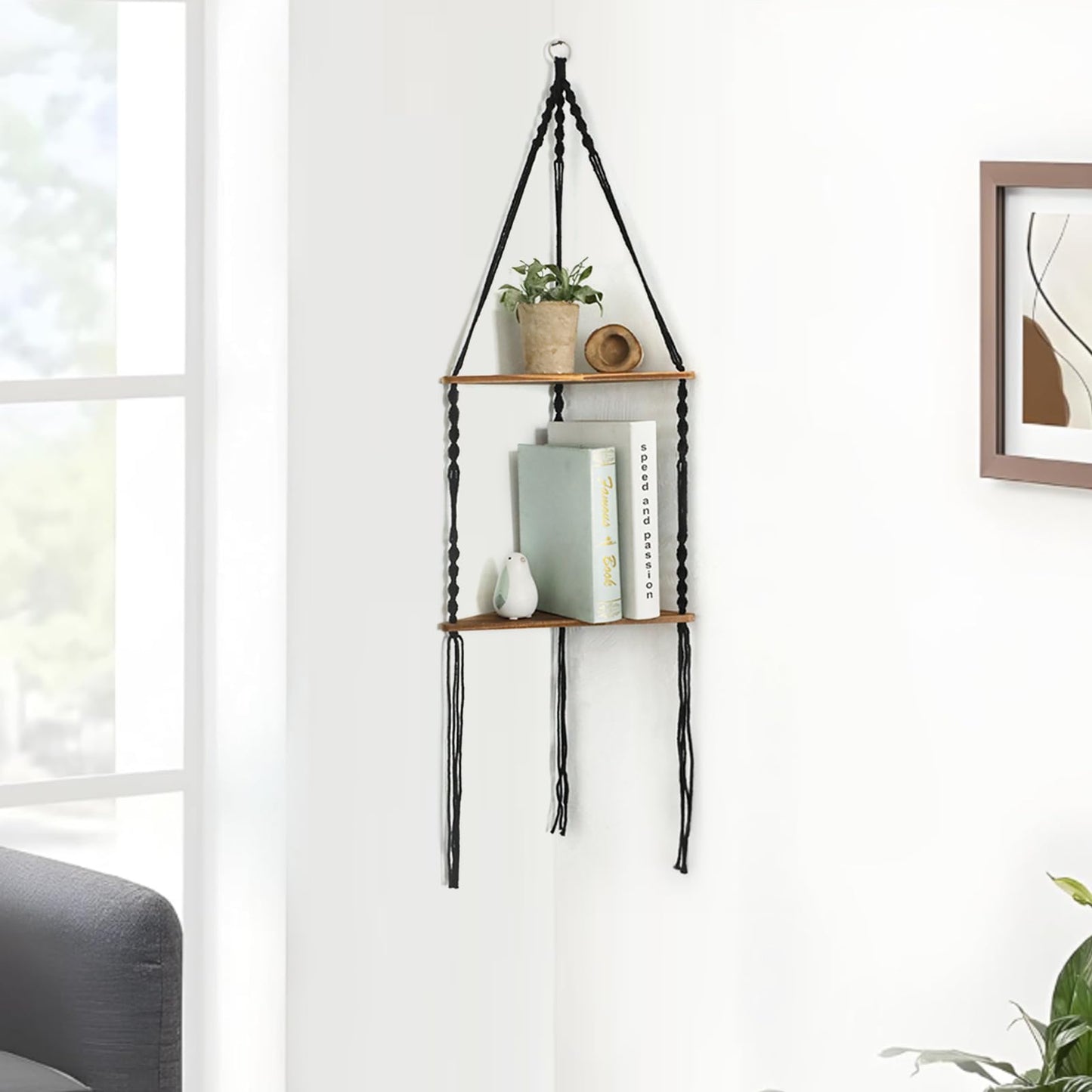 Artilady Macrame Corner Shelf Wall Hanging - 2 Tier Black Corner Floating Shelves Boho Wall Decor, Rustic Wooden Plant Shelf Storage Rack for Bedroom Living Room Bathroom