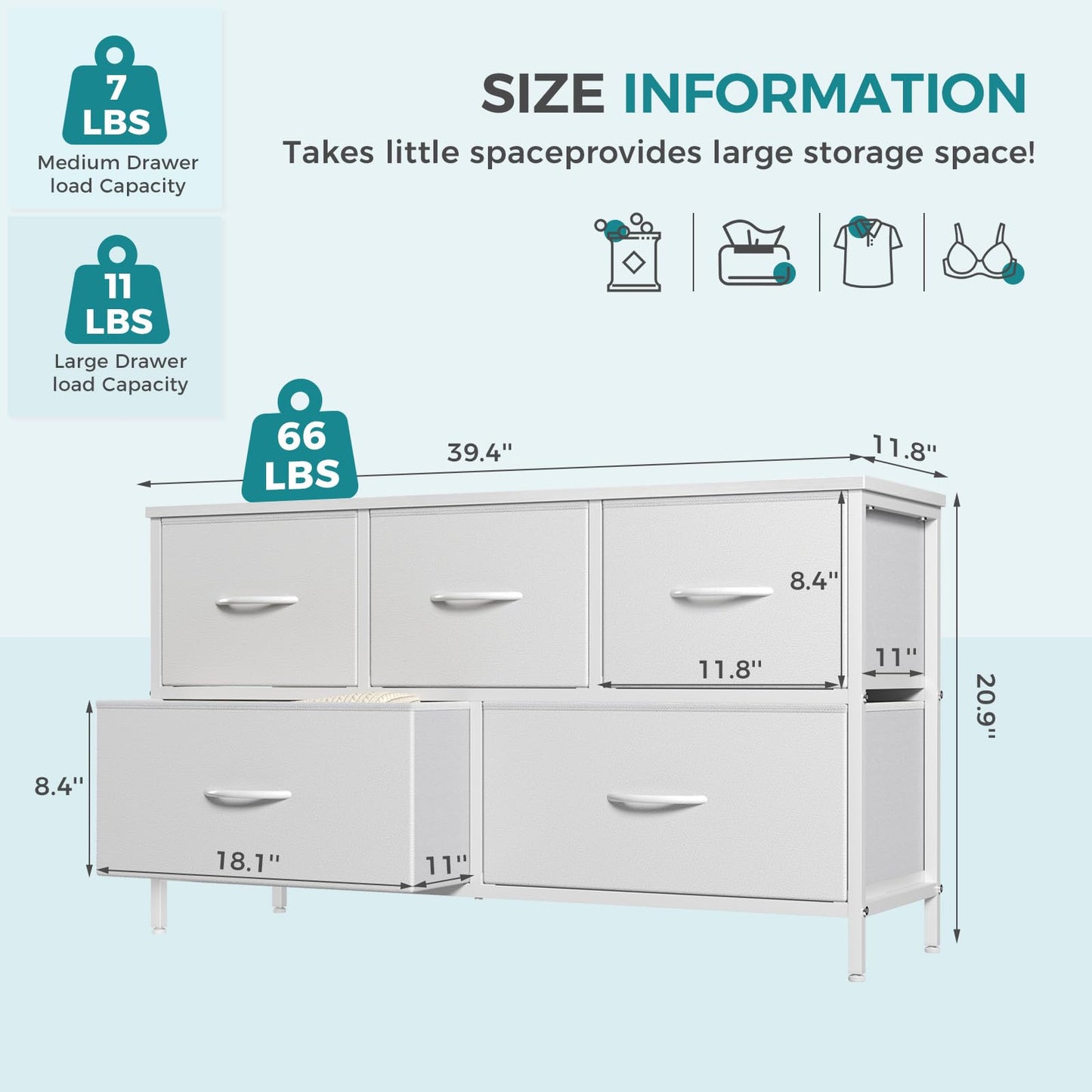 OLIXIS Dresser for Bedroom with 5 Drawers, Wide Chest of Drawers, Fabric Bedroom Dresser with Drawer Organizers, Storage Organizer Unit with Fabric Bins for Closet, Living Room, Hallway,White