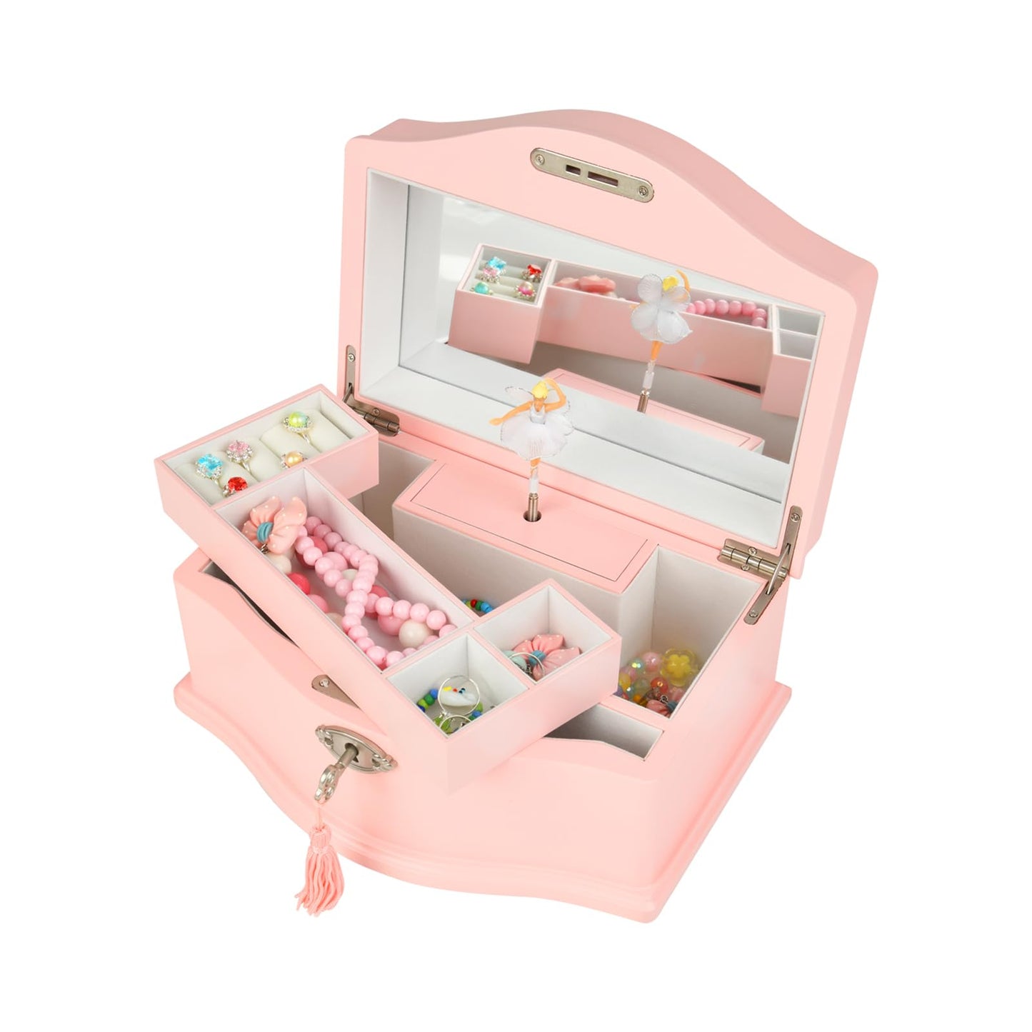 Elle Jewelry Box - Ballerina Jewelry Organizer and Swan Lake Wind-Up Music Box for Girls and Teens, Accessories and Keepsake Wooden Storage with Lock and Mirror, Charming Room Decor and Gift, Large