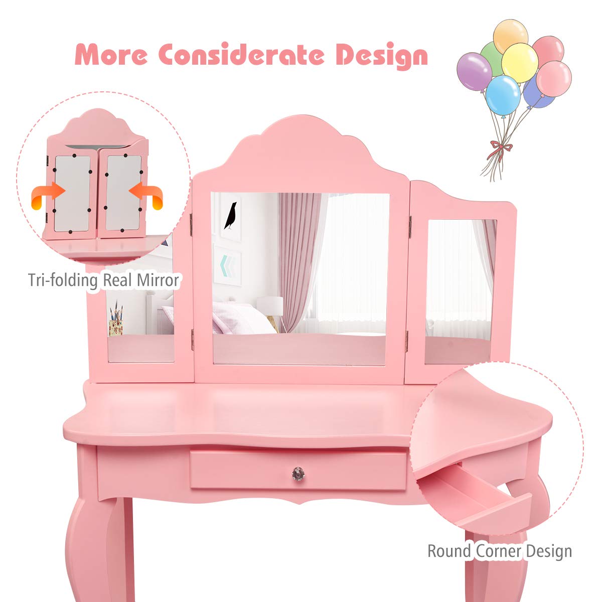 Costzon Kids Wooden Vanity Table & Stool Set, 2 in 1 Detachable Design with Dressing Table and Writing Desk, Princess Makeup Dressing Table with Two 180° Folding Mirror, for Girls, Kids (Pink)