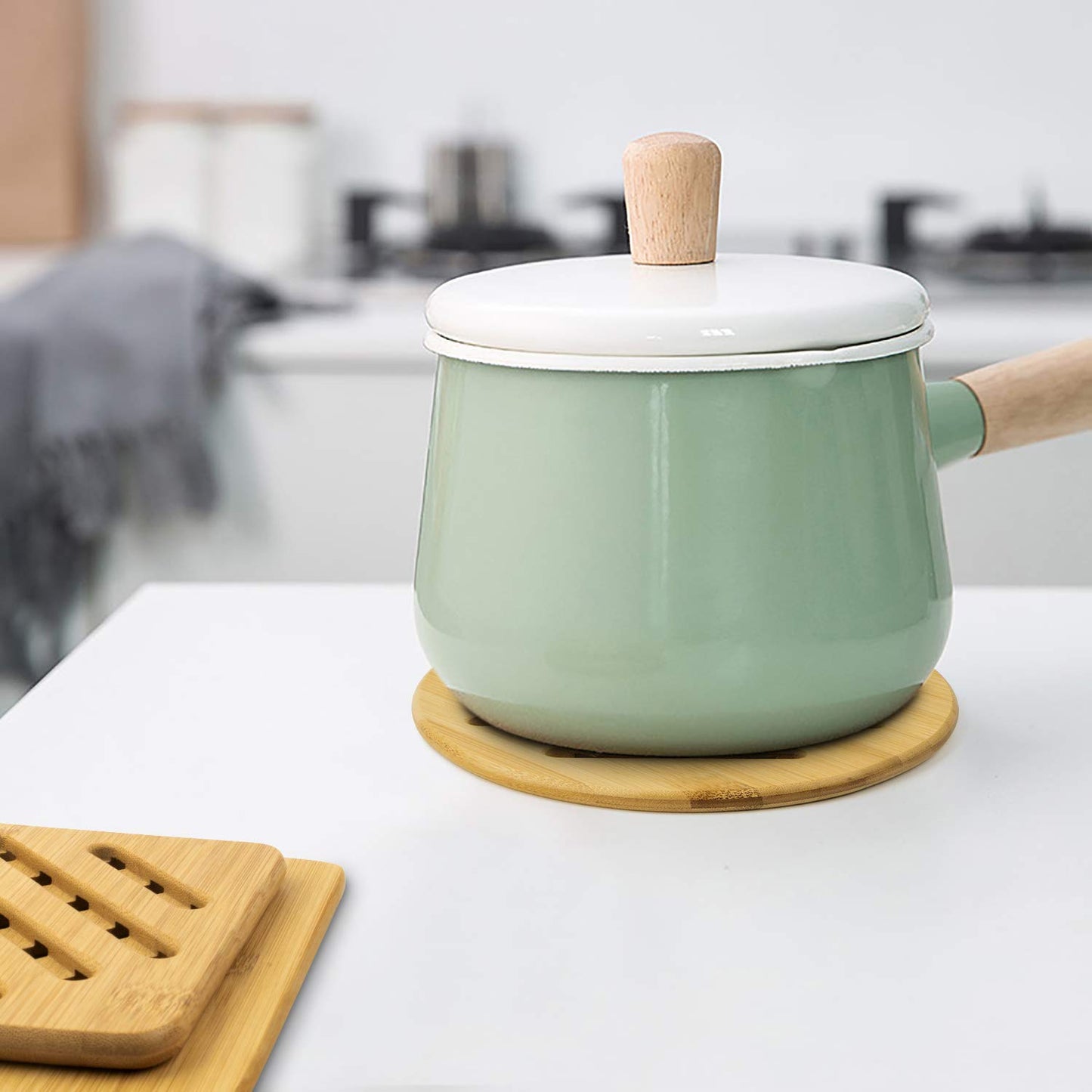 Alfto Hot Pads Trivet,Table Solid Bamboo Wood Trivets for Hot Dishes and Pot with Non-Slip Pads Heat Resistant Pads Teapot Trivet 4pcs(Multi Size,2 Square 2 Round)
