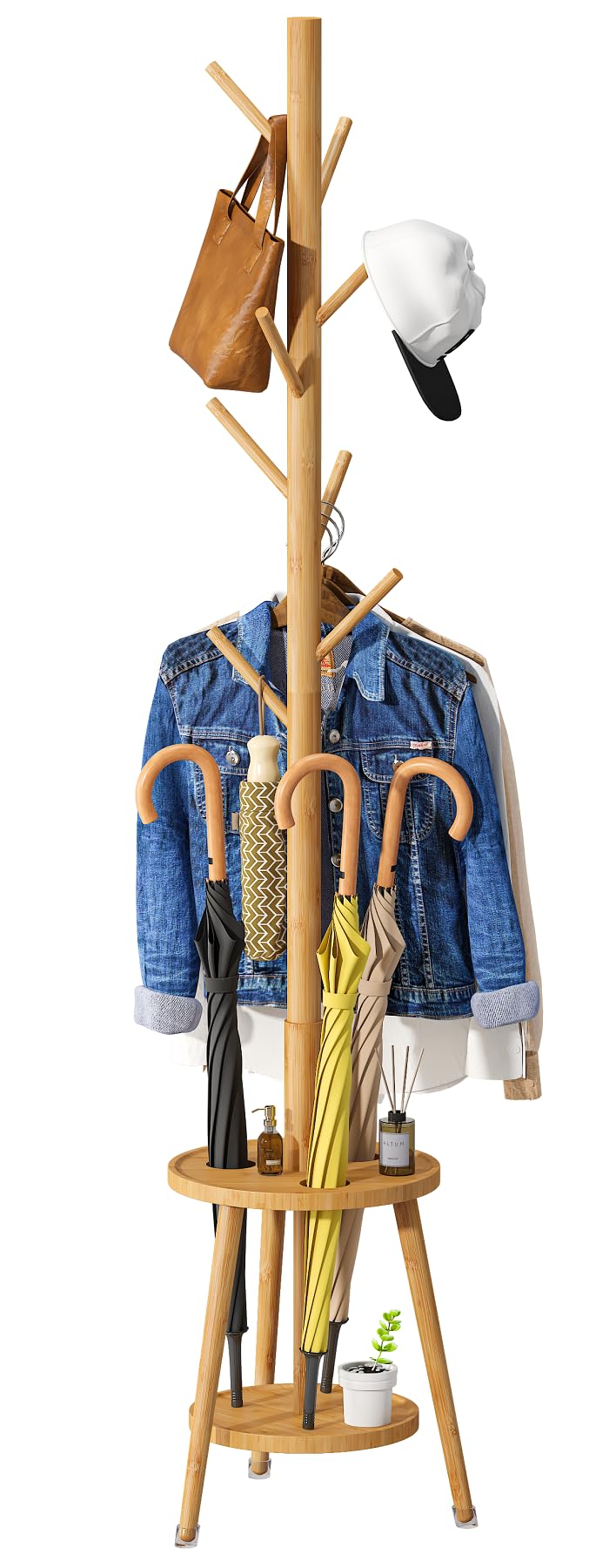 Coat Rack, Bamboo Wood Coat Freestanding with Umbrella Holder, Adjustable Height Coat Stand with 8 Hooks, kids coat rack, Used In The Bedroom Living Room, Office To Hang Clothes, Hats, Bags (Natural)