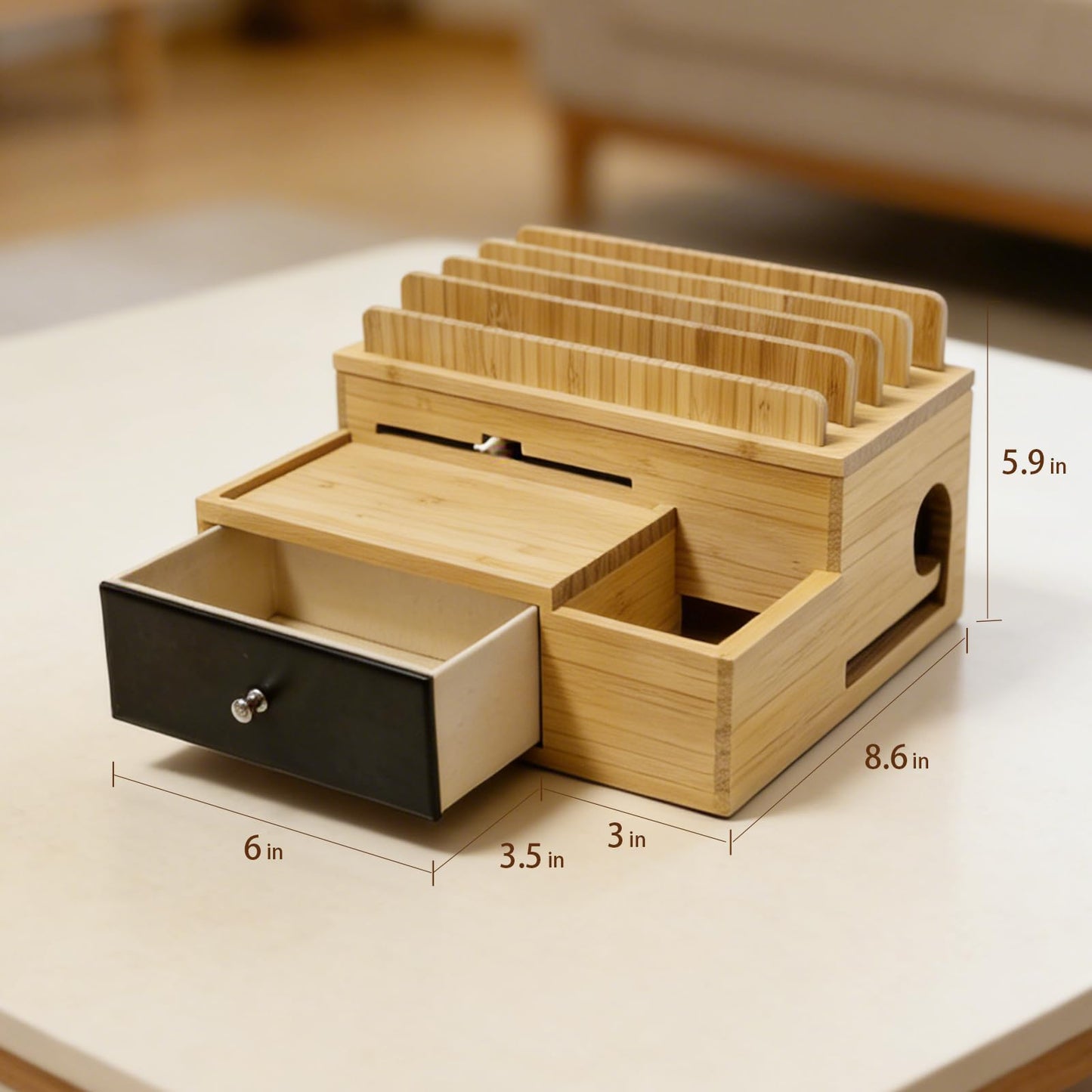 PERFECYEE Bamboo Charging Organizer for Multi-Devices, with Drawer and Pen Holder, Nightstand Desk Charging Stations Electronic Organizer for Cell Phone, Tablet, Etc (with 5-Cable, No USB Charger)