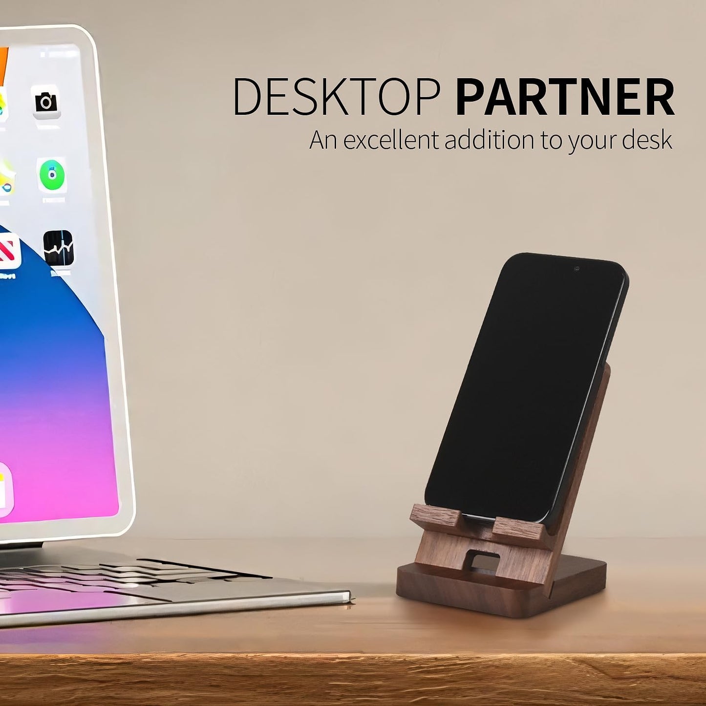 Plehood Wood Phone Stand, Desktop Wooden Phone Holder, Portable Office Phone Stand for Desk, Wood ipad Stand, Compatible with iPhone & All Cell Phones (Walnut)