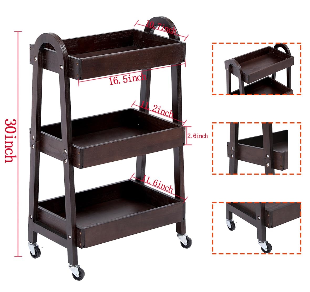3 Tier Rolling Craft Cart Slim Rolling Storage Cart Wooden Cart on Wheels Bathroom Organizer Rolling Utility Cart Mobile Shelving Unit for Kitchen Bathroom Laundry Narrow Places (Black)