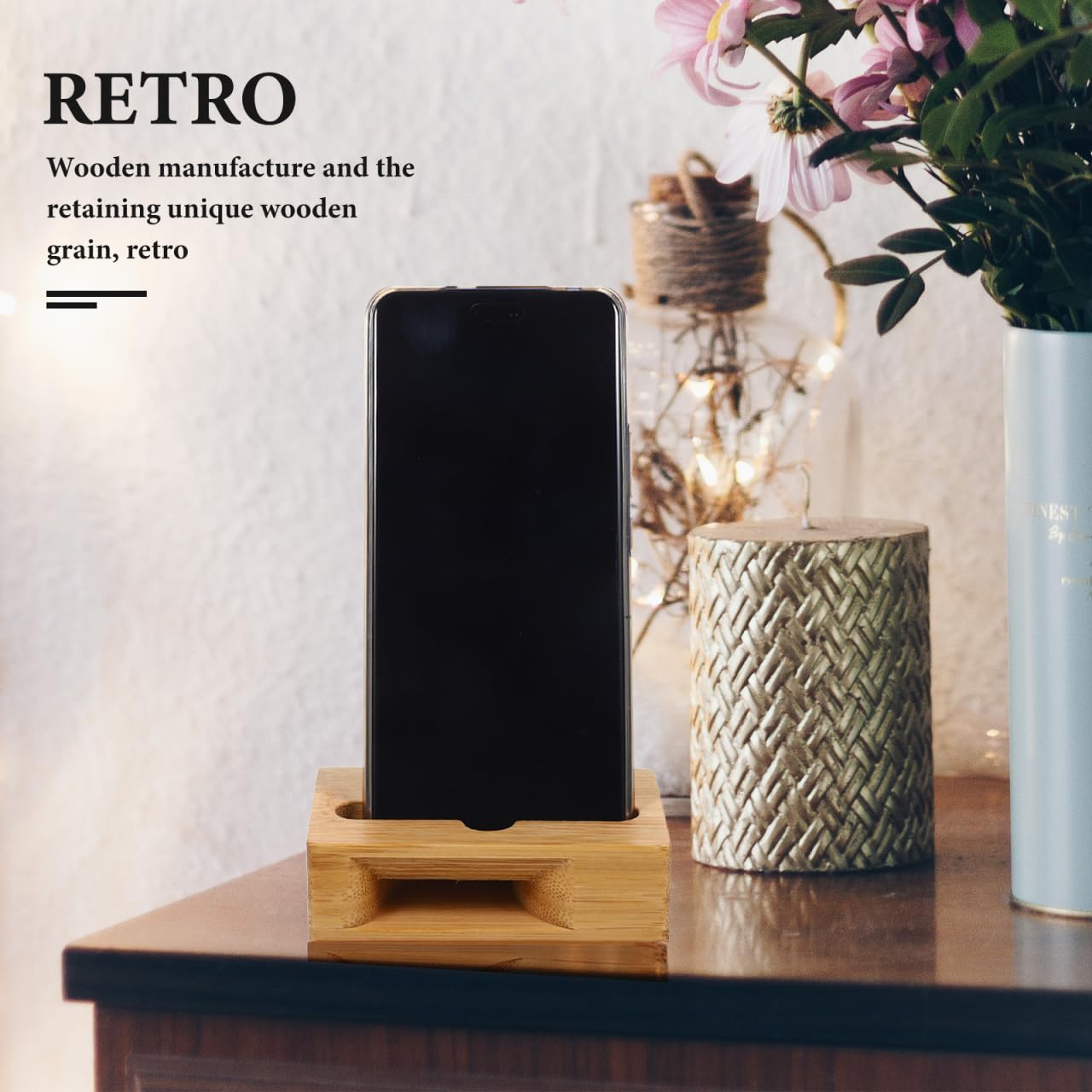 HOMSFOU Phone Sound Amplifier & Universal Wooden Phone Holder Stand, 3.93x2.36x4.72In Desktop Loudspeaker Dock for Nightstand, Mobile Viewing & Clearer Sound
