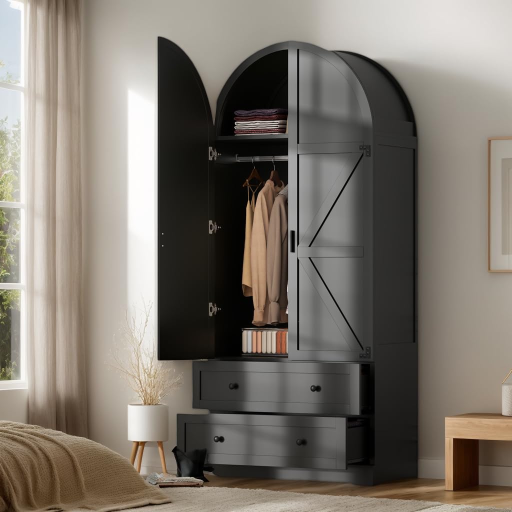 Black Armoire Wardrobe Closet,Wooden Wardrobe with 2 Doors and 2 Drawers,Bedroom Freestanding Armoire Storage Cabinet with Hanging Rack,Wardrobe Storage with with Hanging Rod for Bedroom, Cloak Room