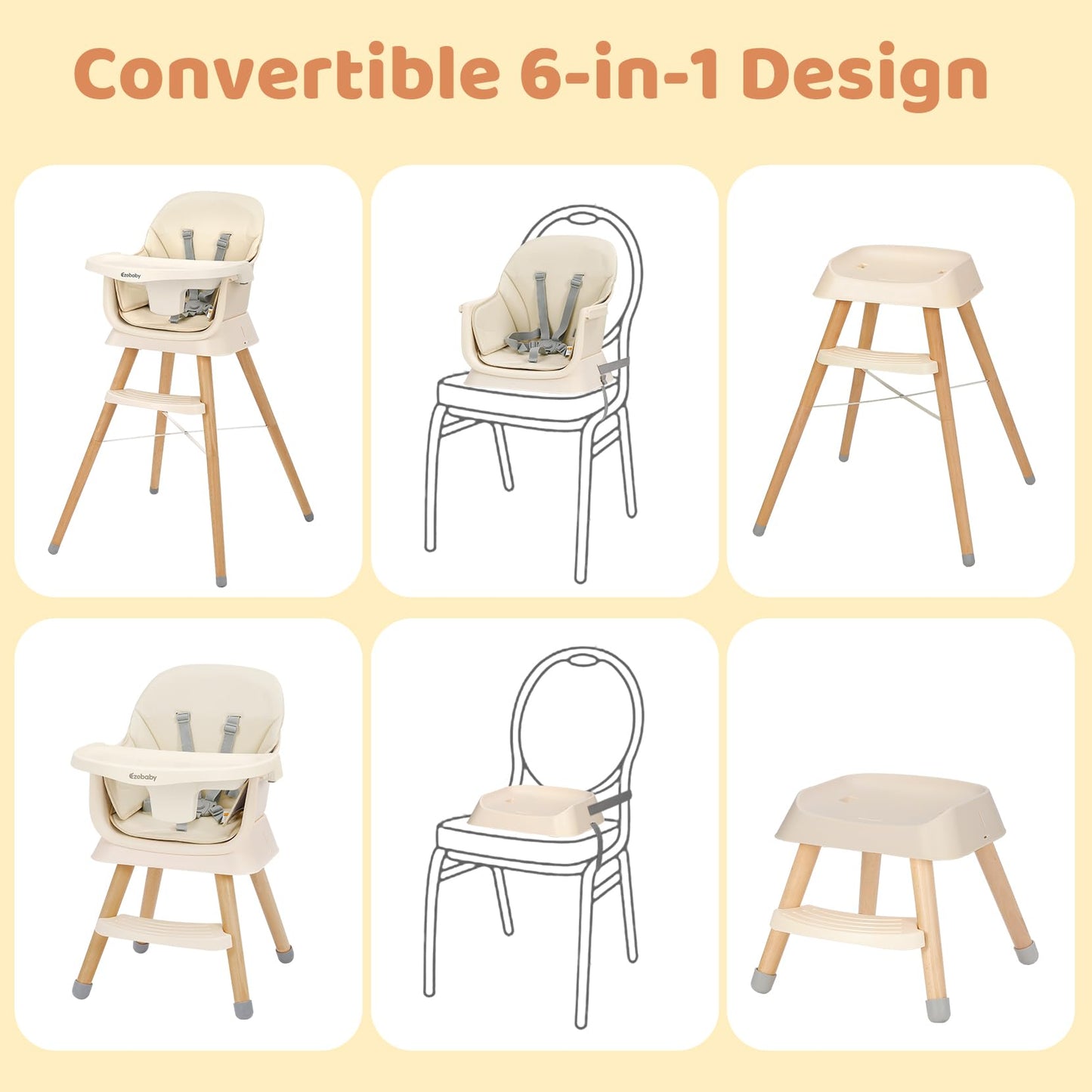 Ezebaby Portable Baby High Chair, High Chairs for Babies and Toddlers with Adjustable Legs, 6-in-1 Convertible to Booster Seat for Dining Table, Toddlers High Chair with Removable Cushions - Cream