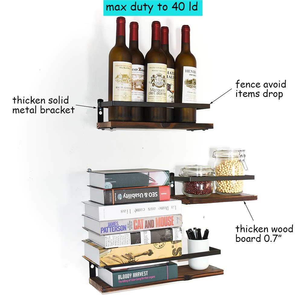 PHUNAYA Floating Shelves Rustic Wood Wall Mounted Shelf Practical Metal Fence Design Ideal for Bedroom, Bathroom, Kitchen Set of 3(Brown)