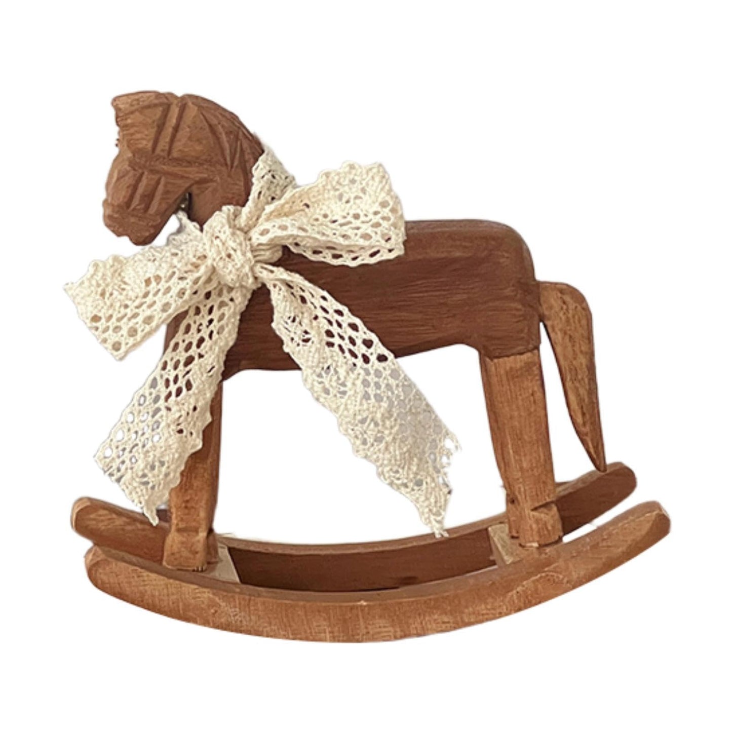 MagiDeal Wooden Horse Figurine Rocking Horse Statue with Ribbon Decorative Unique Collectible Holiday Season Ornament Table Decoration, C Lace Ribbon