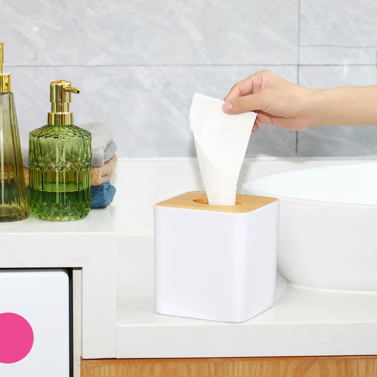 Teenyyou 2 Pcs Tissue Box Cover Square Paper Holders 5x5 Inch Tissue Box Cover Plastic Holder Wood Plate for Bathrooms, Kitchen, Office, Home, Bedroom Dresser, Countertop (White)